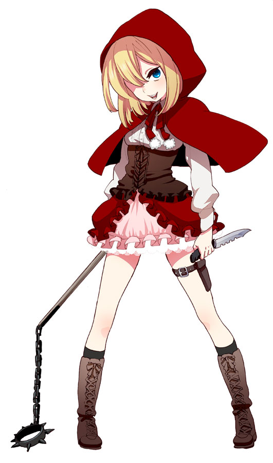 boots capelet flail grimm's_fairy_tales knife little_red_riding_hood little_red_riding_hood_(grimm) musco original red_capelet reverse_grip skirt solo thigh_strap weapon