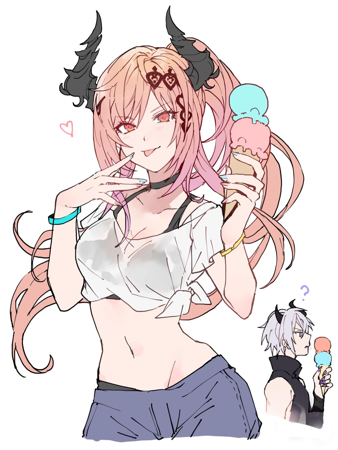 1boy 1girl :p ? azazel_(shingeki_no_bahamut) bikini_top bracelet breasts choker cleavage collarbone dark_angel_olivia detached_sleeves double_scoop food granblue_fantasy groin hair_ornament highres horns ice_cream ice_cream_cone jewelry looking_at_viewer midriff nail_polish navel orange_hair ponytail red_eyes short_hair simple_background sleeveless sleeveless_turtleneck tank_top tongue tongue_out turtleneck waltz_(tram) white_background white_hair