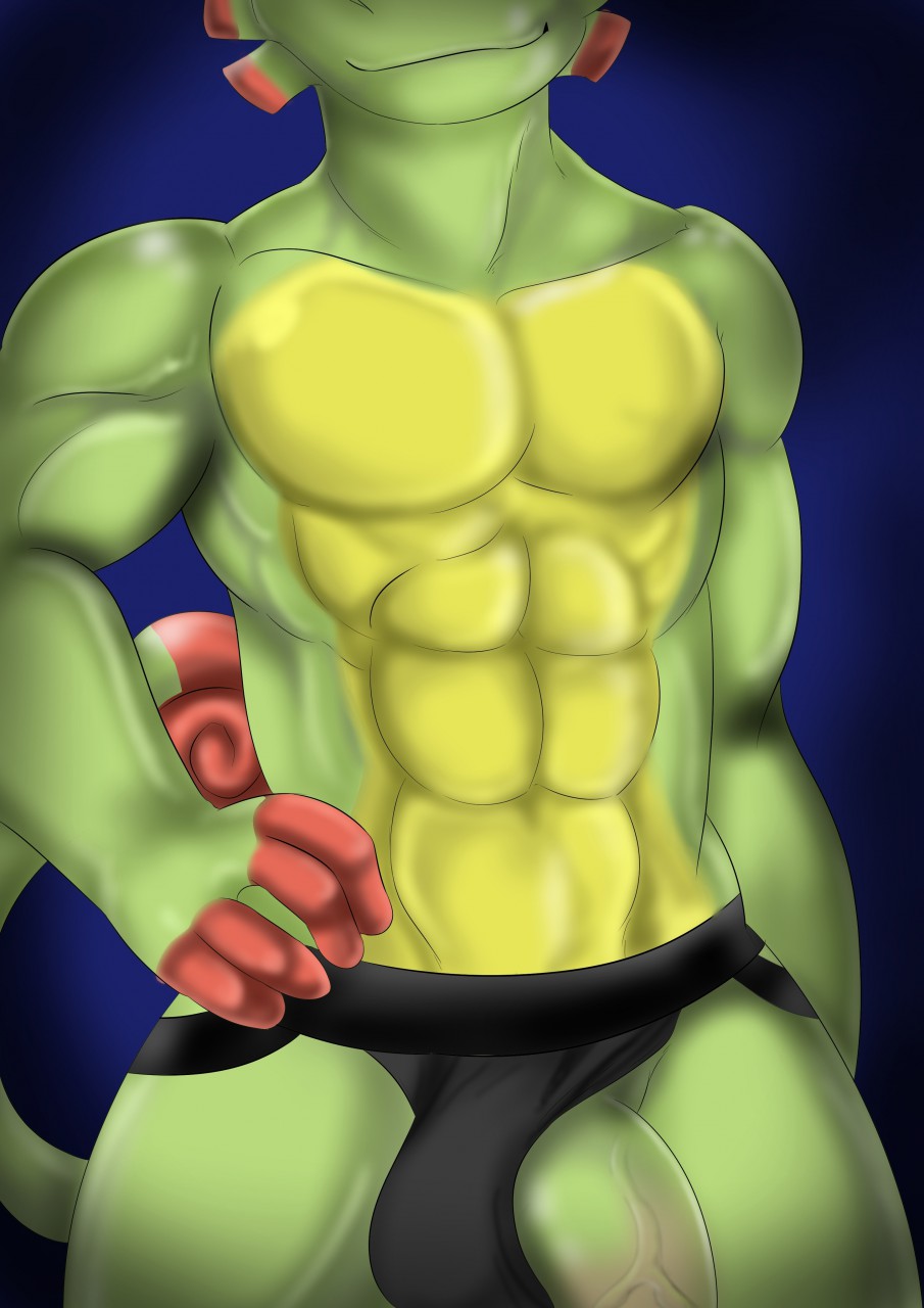 2019 abs anthro big_penis bulge chameleon checkhoff clothed clothing clothing_aside digital_media_(artwork) flaccid hi_res humanoid_penis jockstrap lizard male muscular muscular_male pecs penis playtonic_games reptile scalie simple_background smile solo standing topless underwear underwear_aside vein veiny_penis video_games yooka yooka-laylee