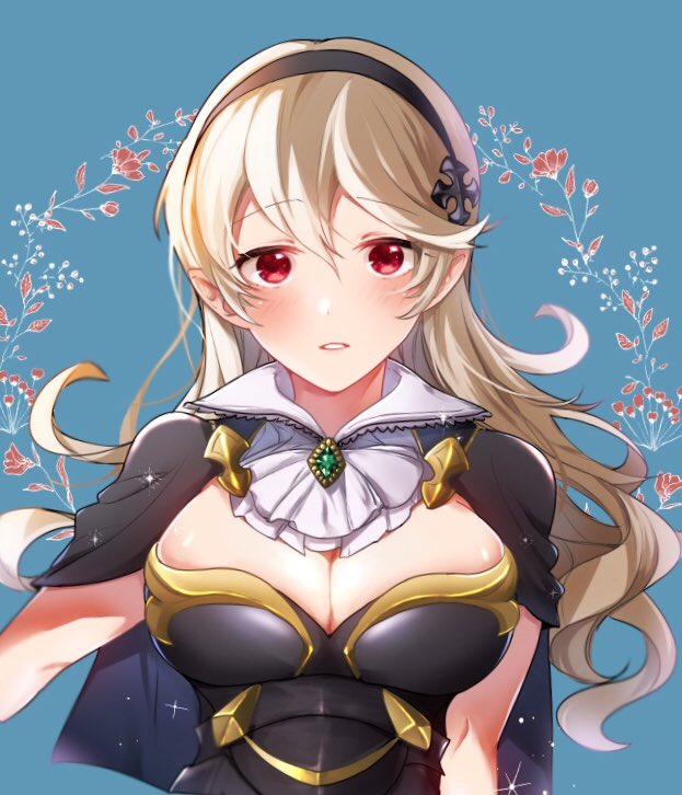 1girl blonde_hair blue_background blush breasts cape cleavage collared_dress eyebrows_visible_through_hair fire_emblem fire_emblem_if hair_between_eyes looking_at_viewer mamkute medium_breasts my_unit_(fire_emblem_if) nekolook parted_lips pointy_ears portrait red_eyes upper_body