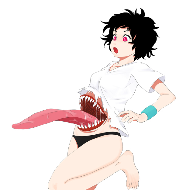 1:1 2008 barefoot black_hair breasts clothed clothing female hair humanoid long_tongue not_furry open_mouth oyatsu panties pink_eyes saliva sharp_teeth shirt simple_background solo stomach_mouth teeth tongue tongue_out topwear torn_clothing underwear white_background wristband