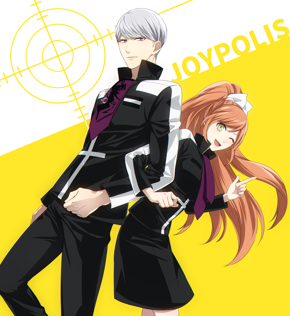 1boy 1girl ;d back-to-back black_jacket black_pants black_skirt bow brown_hair couple danganronpa danganronpa_3 floating_hair green_eyes grey_eyes hair_bow index_finger_raised itohara jacket leaning_back leaning_forward locked_arms long_hair long_sleeves looking_at_viewer medium_skirt munakata_kyousuke necktie one_eye_closed open_mouth pants print_neckwear purple_neckwear silver_hair skirt smile very_long_hair white_bow yukizome_chisa