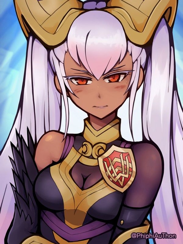 1girl armor bare_shoulders blush breasts cleavage closed_mouth commentary dark_skin english_commentary fire_emblem fire_emblem_heroes gradient_hair hair_ornament laevateinn_(fire_emblem_heroes) long_hair looking_at_viewer medium_breasts multicolored_hair phiphi-au-thon pink_hair red_eyes solo twintails twitter_username