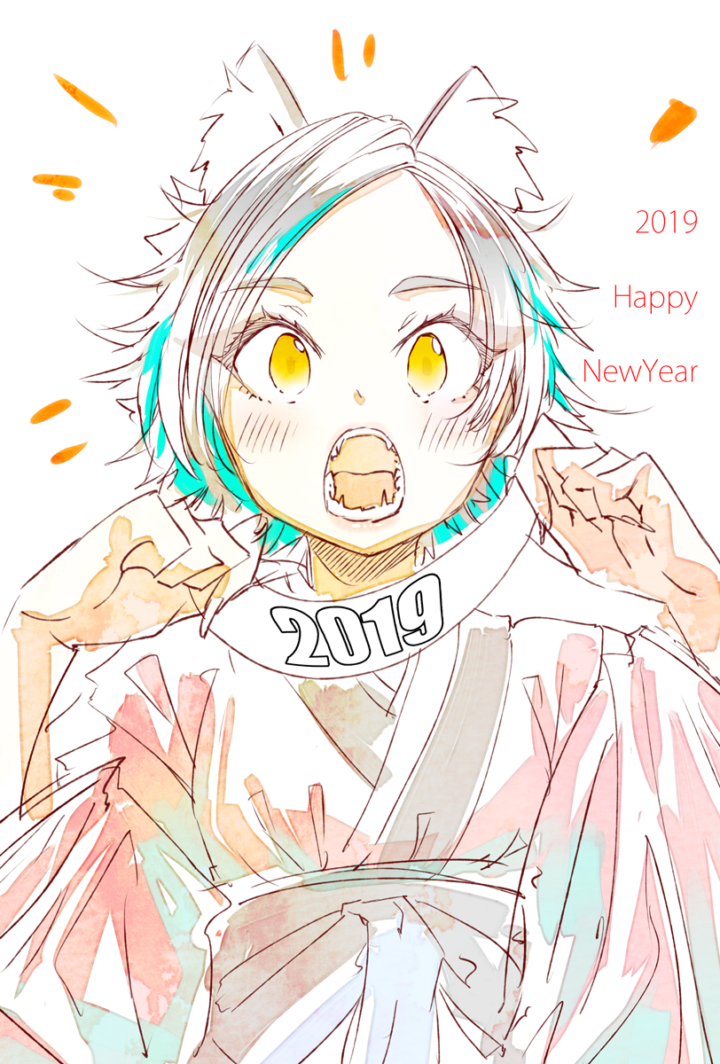 1girl 2019 animal_ears banner blush eyebrows_visible_through_hair fangs fingernails happy_new_year highres holding japanese_clothes kimono long_fingernails long_sleeves looking_at_viewer new_year open_mouth original red_kimono sash sharp_teeth short_hair simple_background sketch solo teeth white_background yae_(mono110) yellow_eyes