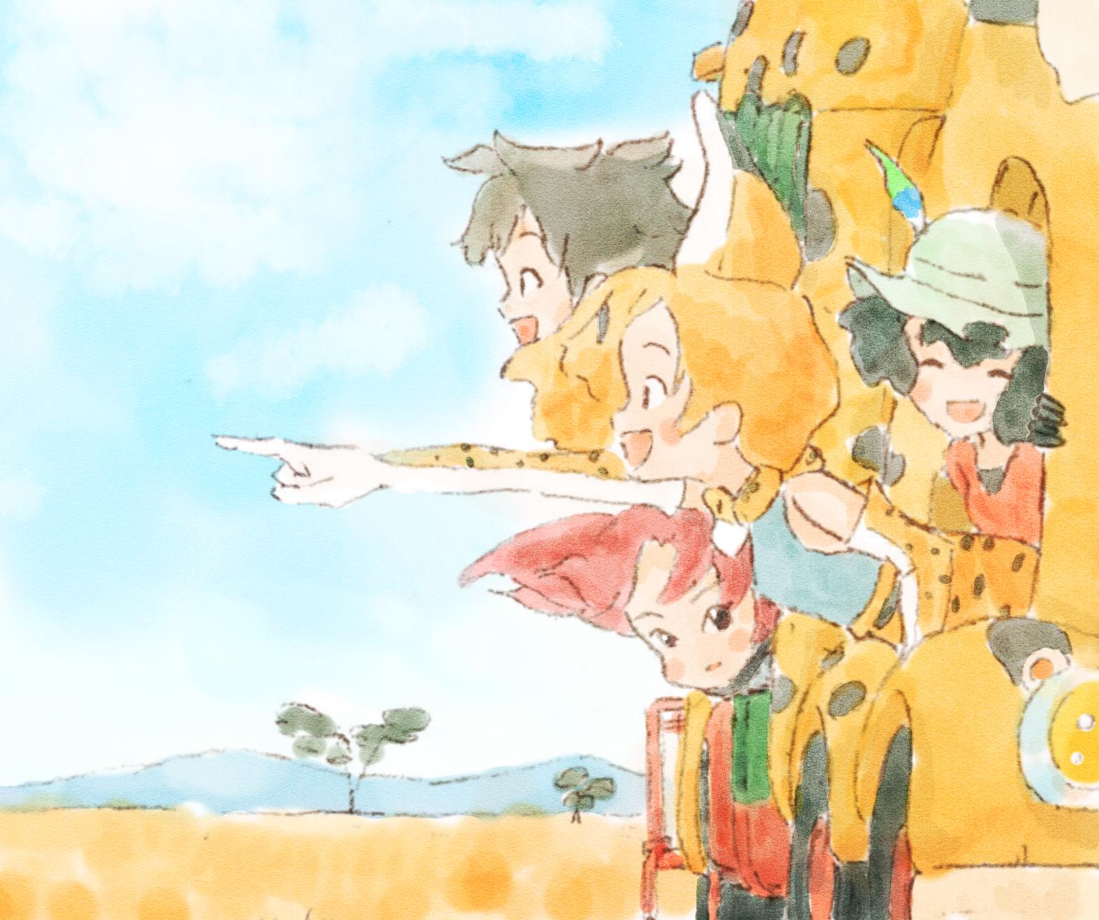 1boy 3girls :d ^_^ animal_ears black_hair blonde_hair blue_sky closed_eyes commentary creator_connection crossover day extra_ears hat hat_feather highres japari_bus kaban_(kemono_friends) kemono_friends kemurikusa looking_away multiple_girls open_mouth outdoors outstretched_arm pointing red_hair rin_(kemurikusa) savannah serval_(kemono_friends) serval_ears short_hair sky smile traditional_media wakaba_(kemurikusa) yuki_yukki12