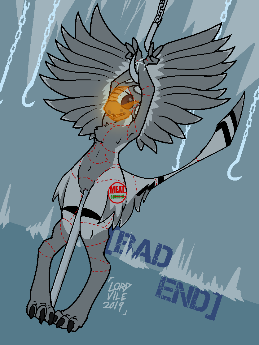 2019 4_ears anthro avali avian bad_end bdsm biped bodypaint bound branded butcher cloacal cloacal_penetration countershade_torso countershading digital_media_(artwork) fear feathered_wings feathers female freezer front_view full-length_portrait implied_cannibalism looking_at_viewer lord_vile meat_hook multi_ear multicolored_feathers muzzle_(object) muzzled nude one-bar_prison open_mouth oreo_(colorshy) penetration portrait rope scared solo standing tail_feathers two_tone_feathers winged_arms wings