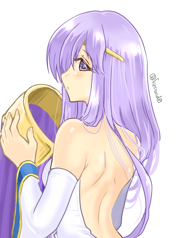 1girl alternate_costume back bare_shoulders blush cape circlet detached_sleeves dress fire_emblem fire_emblem:_seisen_no_keifu holding_clothes lavender_hair long_hair long_sleeves looking_at_viewer looking_back portrait purple_eyes simple_background solo strapless strapless_dress twitter_username upper_body white_background white_sleeves wide_sleeves yukia_(firstaid0) yuria_(fire_emblem)