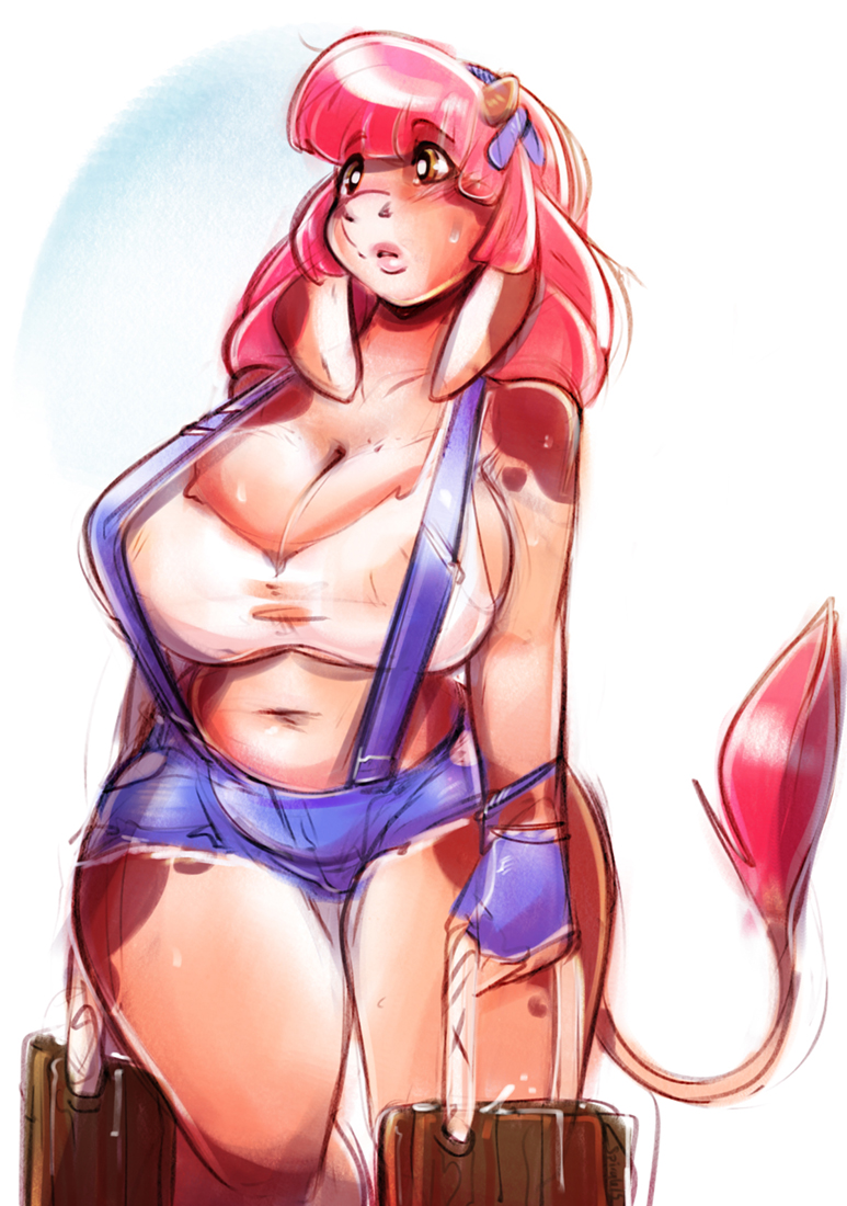anthro big_breasts bovid bovine breasts cattle colored_sketch curvaceous female mammal nipple_outline slightly_chubby solo spirale standing suspenders thick_thighs wide_hips