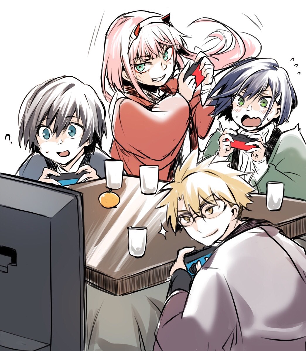 2boys 2girls ? blonde_hair blue_eyes blue_hair blush bob_cut brown_hair closed_mouth code_geass commentary confused cup darling_in_the_franxx drinking_glass eyeshadow food fruit glasses gorou_(darling_in_the_franxx) green_eyes grin hair_ornament hairband hairclip herozu_(xxhrd) highres hiro_(darling_in_the_franxx) horns ichigo_(darling_in_the_franxx) kotatsu long_hair makeup mandarin_orange motion_lines multiple_boys multiple_girls nintendo_switch oni_horns open_mouth pink_hair playing_games red_horns short_hair shouting smile smirk sparkle surprised sweatdrop table television video_game wavy_mouth white_hairband yellow_eyes zero_two_(darling_in_the_franxx)