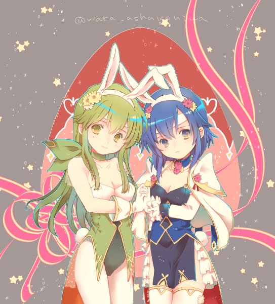 2girls animal_ears blue_eyes blue_hair blush bow bowtie breasts bunny_ears bunny_girl bunny_tail bunnysuit chibi detached_collar elbow_gloves fake_animal_ears fingerless_gloves fire_emblem fire_emblem:_monshou_no_nazo fire_emblem_heroes gloves green_eyes green_hair headband katua leotard long_hair looking_at_viewer multiple_girls paola pegasus_knight short_hair siblings sisters smile tail thighhighs waka_ashakoniwa wrist_cuffs