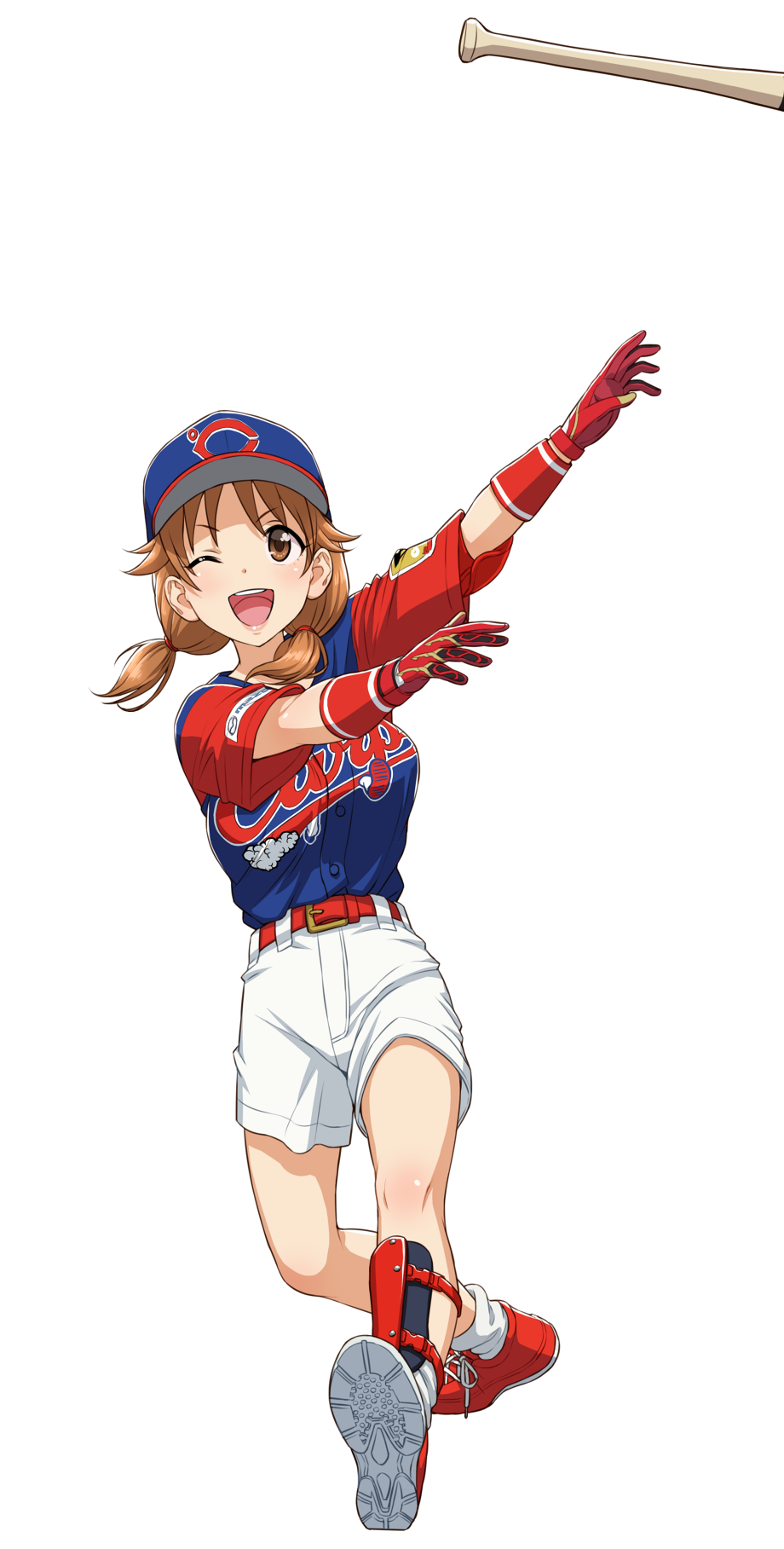 1girl baseball_bat baseball_cap baseball_uniform blue_headwear blush breasts brown_eyes brown_hair character_request copyright_request eyebrows_visible_through_hair gloves hat highres idolmaster idolmaster_cinderella_girls large_breasts looking_at_viewer nigou nippon_professional_baseball one_eye_closed open_mouth red_footwear red_gloves shoes short_hair short_sleeves short_twintails smile sneakers socks solo sportswear twintails white_legwear