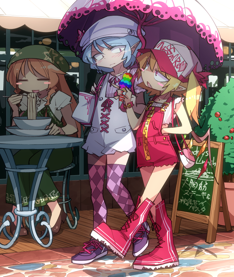 3girls =_= adapted_costume argyle argyle_legwear bag bare_legs baseball_cap blush_stickers board boots brown_footwear bush casual chalkboard contemporary cross-laced_footwear eating english_text flandre_scarlet food handbag hat hong_meiling ice_cream knee_boots lace-up_boots looking_at_another multiple_girls noodles outdoors overall_shorts overalls plate pumps purple_footwear red_footwear remilia_scarlet restaurant shimizu_pem shoes short_sleeves sleeveless sneakers table touhou umbrella wings