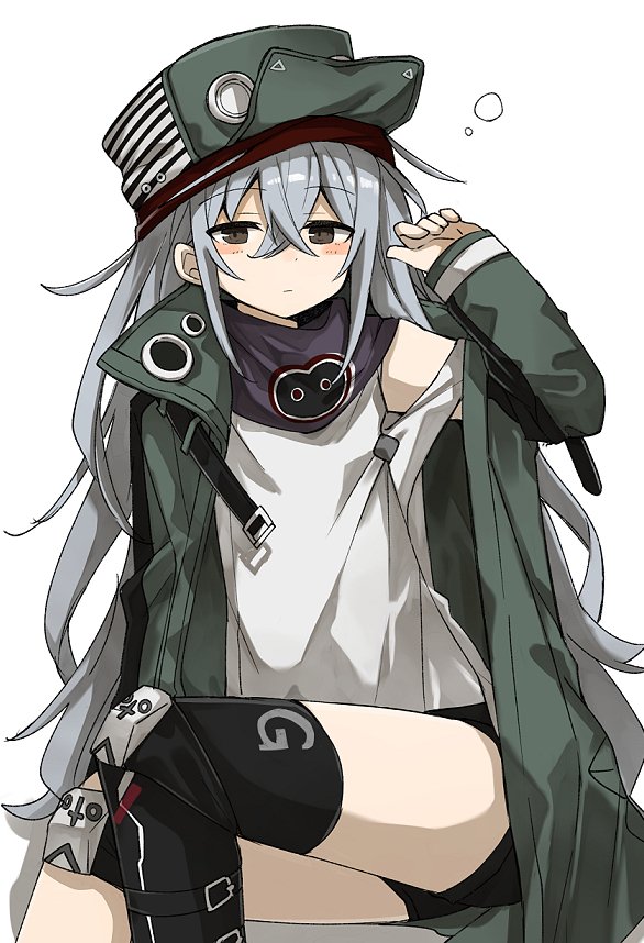 1girl bangs black_shorts blush brown_eyes closed_mouth eyebrows_visible_through_hair g11_(girls_frontline) girls_frontline green_jacket hat jacket knee_pads long_hair long_sleeves looking_at_viewer messy_hair murakami_meishi off_shoulder open_clothes open_jacket scarf scarf_on_head shirt shorts simple_background sleepy solo white_background