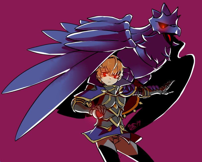 1boy armor baka_mandy bird black_sclera blonde_hair cape claws corviknight crow european_clothes fire_emblem fire_emblem_if full_body gloves hairband leon_(fire_emblem_if) looking_at_viewer male_focus pokemon pokemon_(creature) pokemon_(game) pokemon_swsh red_eyes sharp_claws short_hair simple_background solo standing