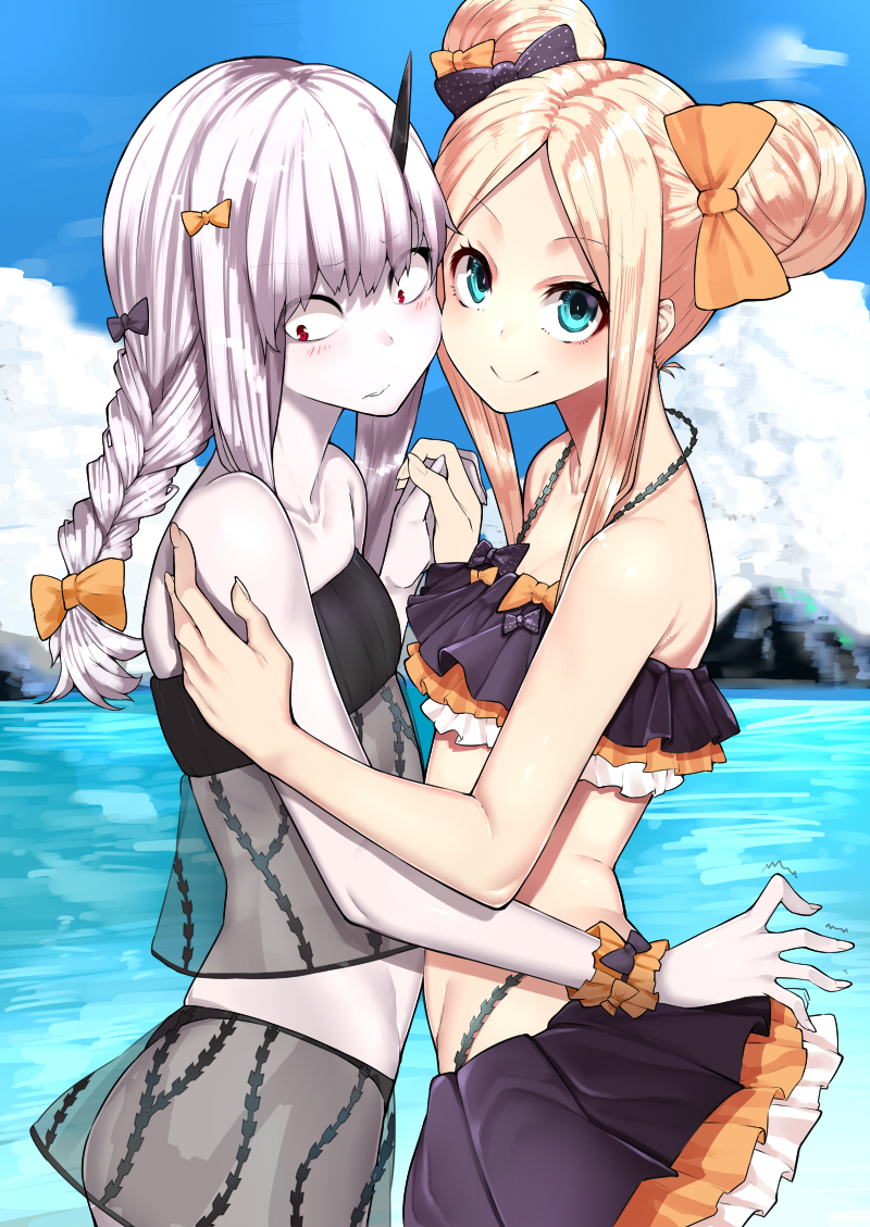 2girls abigail_williams_(fate/grand_order) bangs bare_shoulders beach bikini black_bikini black_bow blonde_hair blue_eyes blue_sky blush bow braid breasts closed_mouth collarbone double_bun emerald_float fate/grand_order fate_(series) forehead hair_bow holding_hands horn interlocked_fingers lavinia_whateley_(fate/grand_order) long_hair looking_at_viewer mikan_(chipstar182) multiple_girls ocean orange_bow pale_skin parted_bangs polka_dot polka_dot_bow red_eyes single_braid sky smile swimsuit white_hair wide-eyed