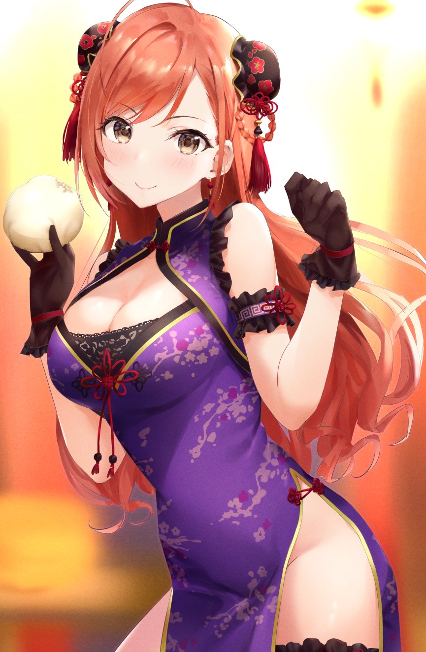 1girl arisugawa_natsuha bangs bare_shoulders blush breasts bun_cover bvucki36gzoeq1c china_dress chinese_clothes cleavage cleavage_cutout closed_mouth cowboy_shot double_bun dress grey_eyes highres idolmaster idolmaster_shiny_colors large_breasts long_hair looking_at_viewer pelvic_curtain purple_dress red_hair side_slit smile solo standing