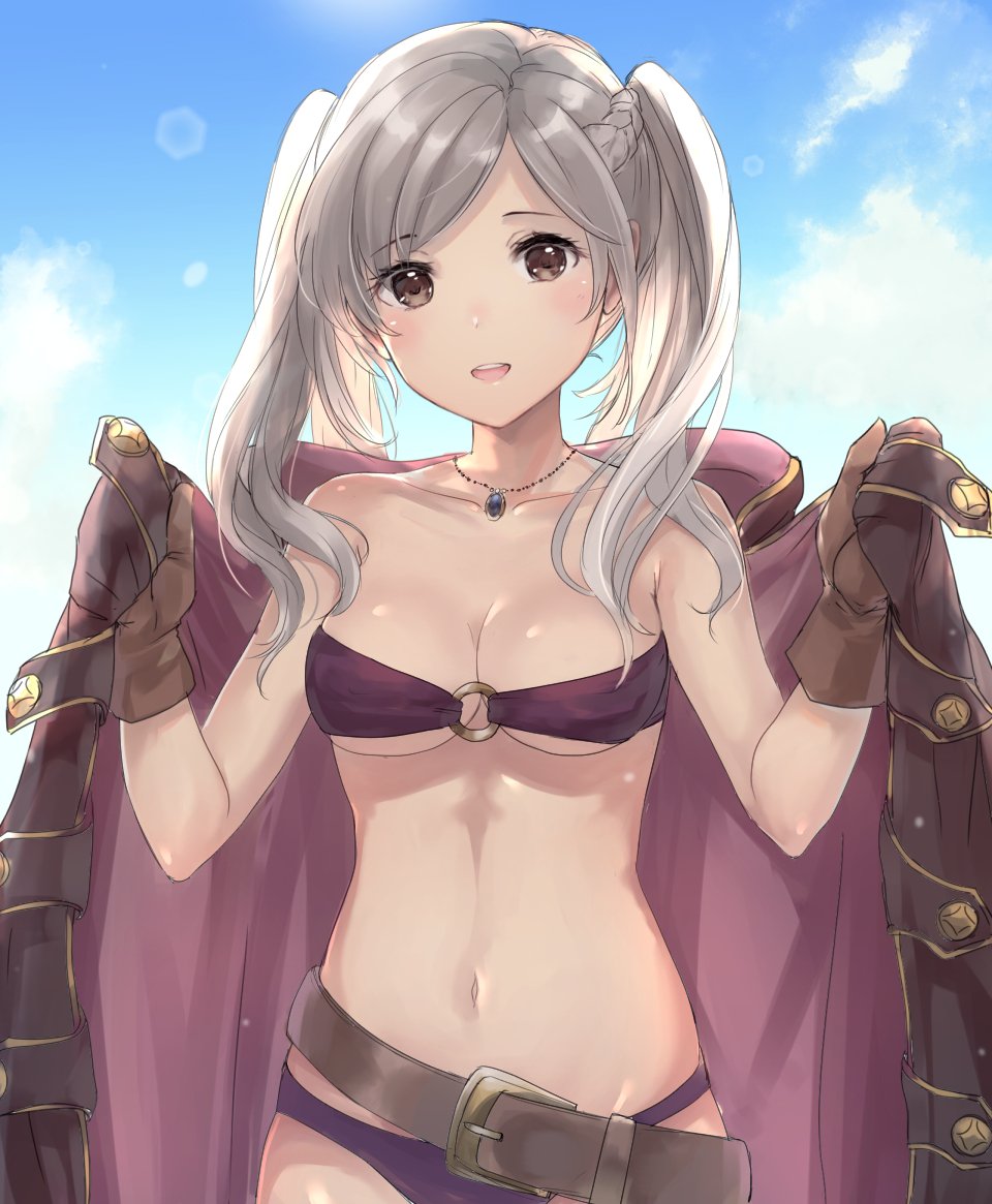 1girl :d bikini blush breasts brown_eyes brown_gloves cleavage collarbone female_my_unit_(fire_emblem:_kakusei) fire_emblem fire_emblem:_kakusei gloves haru_(nakajou-28) holding_clothes jewelry long_hair my_unit_(fire_emblem:_kakusei) navel necklace o-ring o-ring_bikini open_mouth purple_bikini purple_swimsuit robe sky smile solo swimsuit twintails white_hair