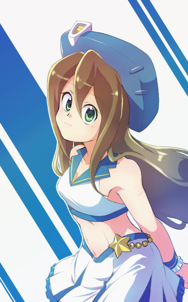 1girl alternate_costume android arms_behind_back bare_arms bare_shoulders beret blue_headwear bracelet breasts brown_hair capcom commentary_request crop_top green_eyes hair_between_eyes hat head_tilt iris_(rockman_x) jewelry light_smile long_hair looking_at_viewer medium_breasts midriff miniskirt minokurage rockman rockman_x simple_background skirt smile solo white_skirt