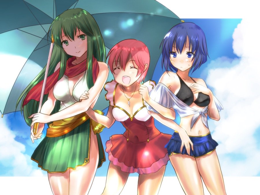 3girls bikini blue_eyes blue_hair blue_sky closed_eyes closed_mouth cloud est fire_emblem fire_emblem:_monshou_no_nazo green_eyes green_hair holding holding_umbrella jewelry katua lazulia long_hair multiple_girls necklace open_mouth paola pink_hair short_hair siblings sisters sky smile swimsuit umbrella