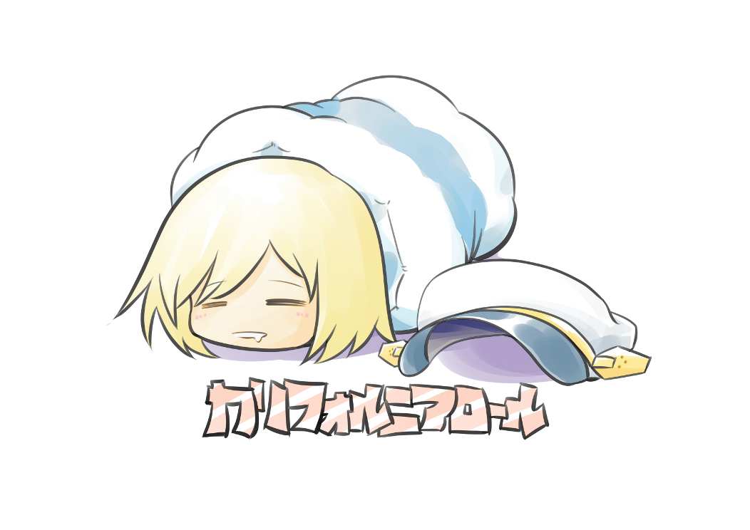 1girl azur_lane blanket blonde_hair blue_eyes california_(azur_lane) chibi commentary_request hat mona short_hair sleeping solo title white_background