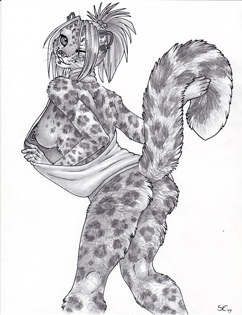 2017 anthro breasts cheetah digital_media_(artwork) ear_piercing ear_ring felid feline fur hair mammal nipples one_eye_closed piercing sabretoothed_ermine smile solo spots spotted_fur