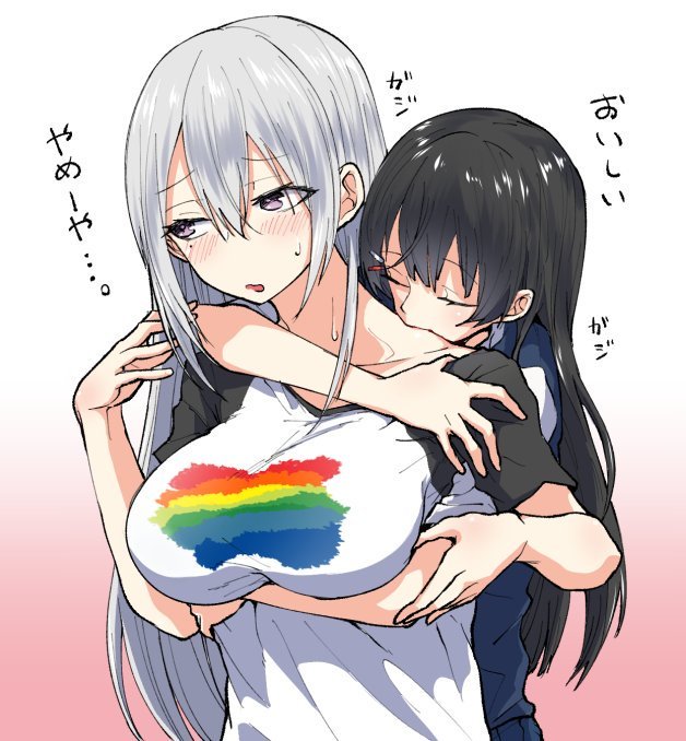 2girls arm_around_neck biting black_hair blush cardigan casual closed_eyes collared_shirt commentary eyebrows_visible_through_hair hair_between_eyes hair_down hair_ornament hairclip higuchi_kaede long_hair looking_to_the_side mole mole_under_eye multiple_girls neck_biting nijisanji purple_eyes purple_neckwear rikosyegou shirt silver_hair translated tsukino_mito upper_body very_long_hair virtual_youtuber yuri