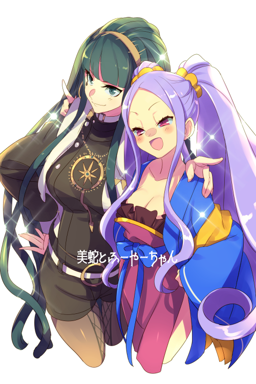 2girls bangs blunt_bangs blush breasts chinese_clothes cis05 cleavage cleopatra_(fate/grand_order) closed_mouth collarbone dress earrings facial_mark fate/grand_order fate_(series) forehead green_eyes green_hair hair_ornament hair_scrunchie hairband hand_on_another's_shoulder hanfu hoop_earrings jewelry large_breasts long_hair long_sleeves looking_at_viewer multiple_girls necklace open_mouth pantyhose parted_bangs pelvic_curtain purple_dress purple_eyes purple_hair sash scrunchie shorts simple_background small_breasts smile sparkle thighs very_long_hair white_background wide_sleeves wu_zetian_(fate/grand_order) yellow_scrunchie
