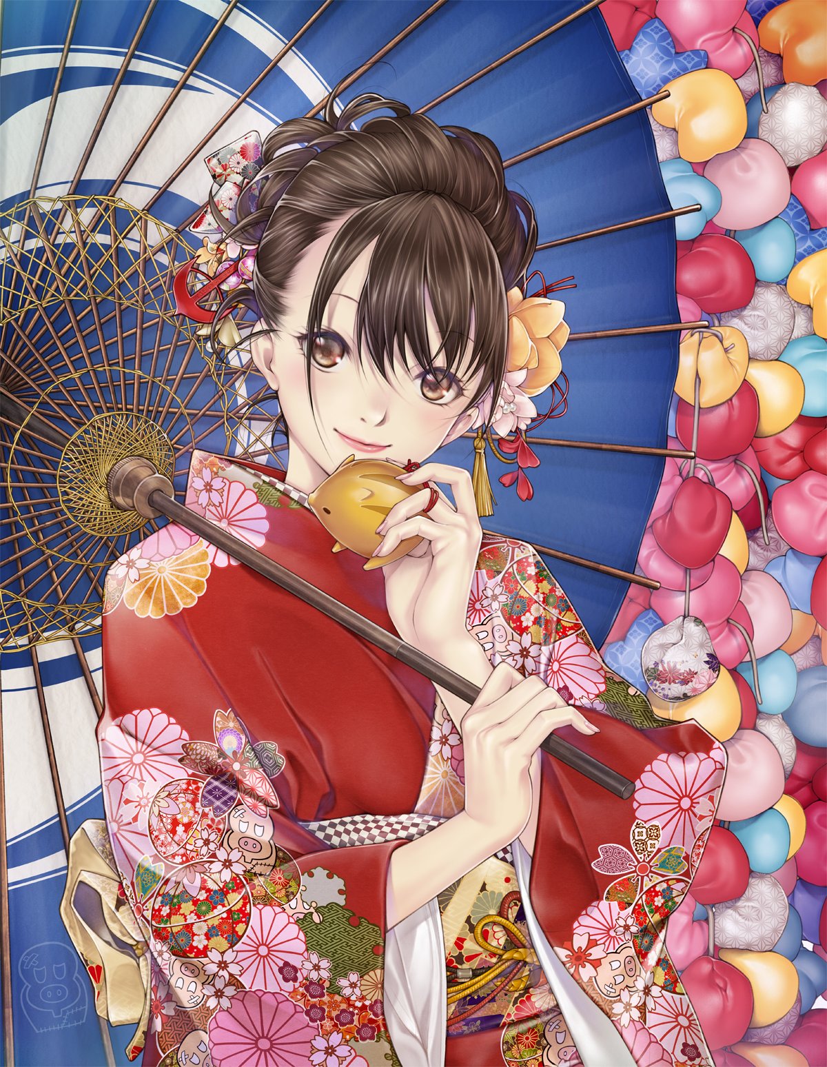 1girl anchor anchor_hair_ornament ayako_(kubu_kurin) ayako_(manga) bangs blue_umbrella boar brown_eyes brown_hair chinese_zodiac closed_mouth commentary_request fingernails floral_print flower hair_between_eyes hair_flower hair_ornament head_tilt highres holding japanese_clothes jpeg_artifacts kimono kubu_kurin long_sleeves looking_at_viewer new_year obi official_art oriental_umbrella pink_lips red_kimono sash smile solo tassel temari_print umbrella upper_body wide_sleeves year_of_the_pig