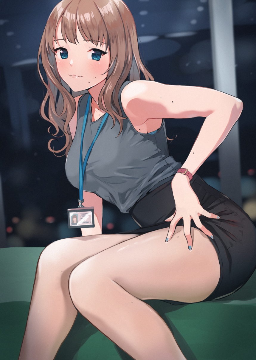 1girl arm_support blue_eyes blue_nails blush bra bra_peek breasts brown_hair closed_mouth collarbone commentary_request doushimasho eyebrows_visible_through_hair highres id_card lanyard long_hair looking_at_viewer medium_breasts mole mole_on_arm mole_on_armpits mole_on_thigh mole_under_mouth nail_polish office_lady original pencil_skirt shirt sitting skirt sleeveless sleeveless_shirt smile solo underwear watch wristwatch