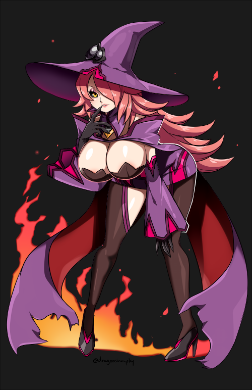 1girl bent_over black_background black_footwear black_sclera blazblue blazblue:_central_fiction blazblue_phase_0 breasts cape cleavage commission d-ryuu eyeliner eyeshadow finger_to_mouth fire flame full_body gloves hair_between_eyes hair_over_one_eye hanging_breasts hat high_heels index_finger_raised konoe_a_mercury large_breasts lips long_hair looking_at_viewer makeup mascara naughty_face parted_lips pink_hair red_hair seductive_smile simple_background smile solo standing thighhighs witch witch_hat yellow_eyes