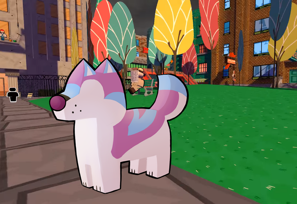 3_toes ambiguous_gender blue_body blue_fur canid canine canis domestic_dog eyeless feet feral fur grass jazzpunk mammal marjani marjani_(character) nude outside plant purple_body purple_fur purple_nose screencap screencap_background solo toes tree white_body white_fur