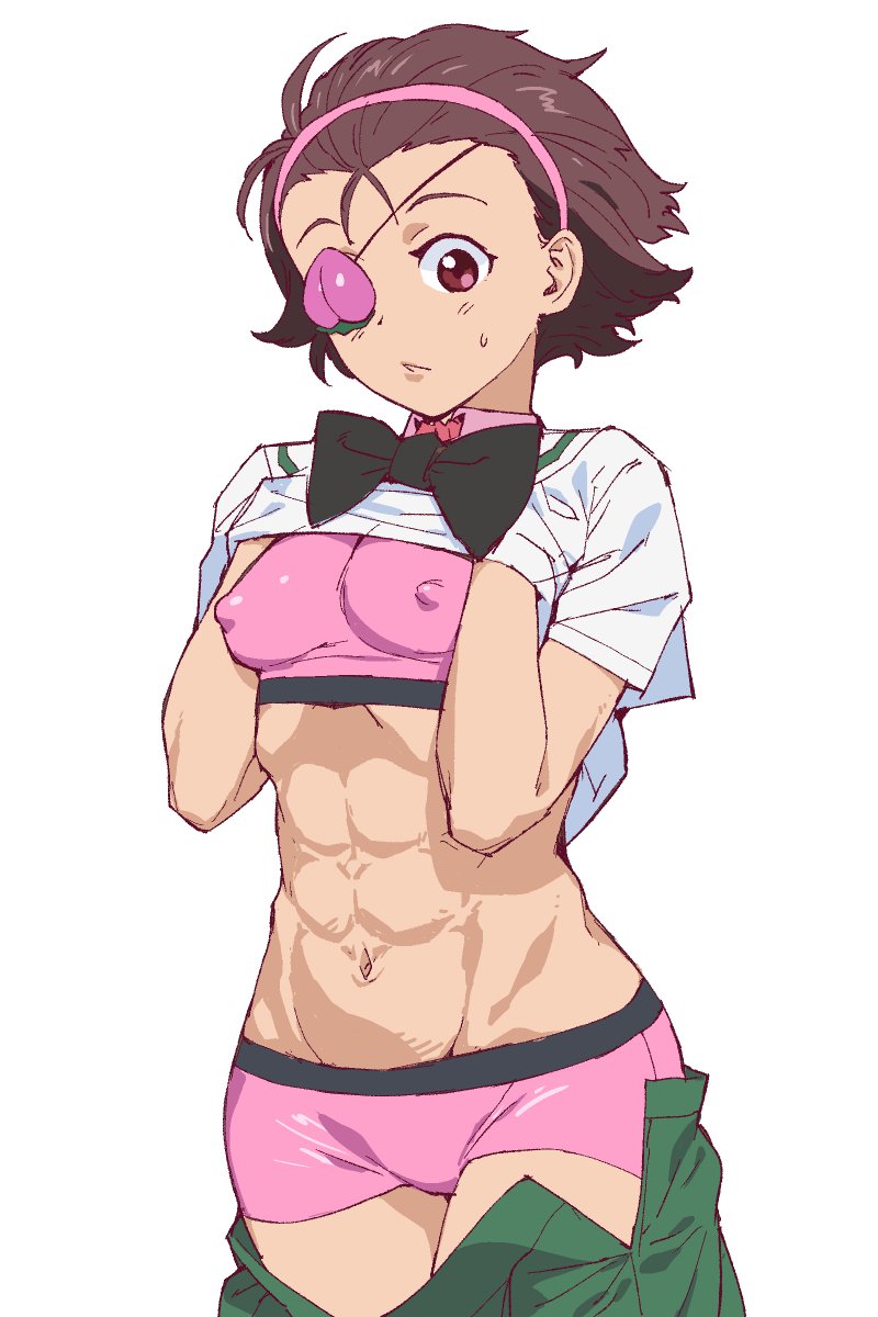 1girl abs black_neckwear blouse bow bowtie boyshorts breasts brown_eyes brown_hair commentary covered_nipples cowboy_shot detached_collar eyepatch food fruit girls_und_panzer green_skirt groin hair_pulled_back hairband highres lifted_by_self looking_at_viewer medium_breasts momogaa muscle muscular_female navel onsen_tamago_(hs_egg) ooarai_school_uniform open_clothes open_skirt parted_lips peach pink_boyshorts pink_collar pink_hairband pink_sports_bra pleated_skirt school_uniform serafuku shirt_lift short_hair short_sleeves simple_background skirt skirt_pull solo sports_bra standing sweatdrop white_background white_blouse