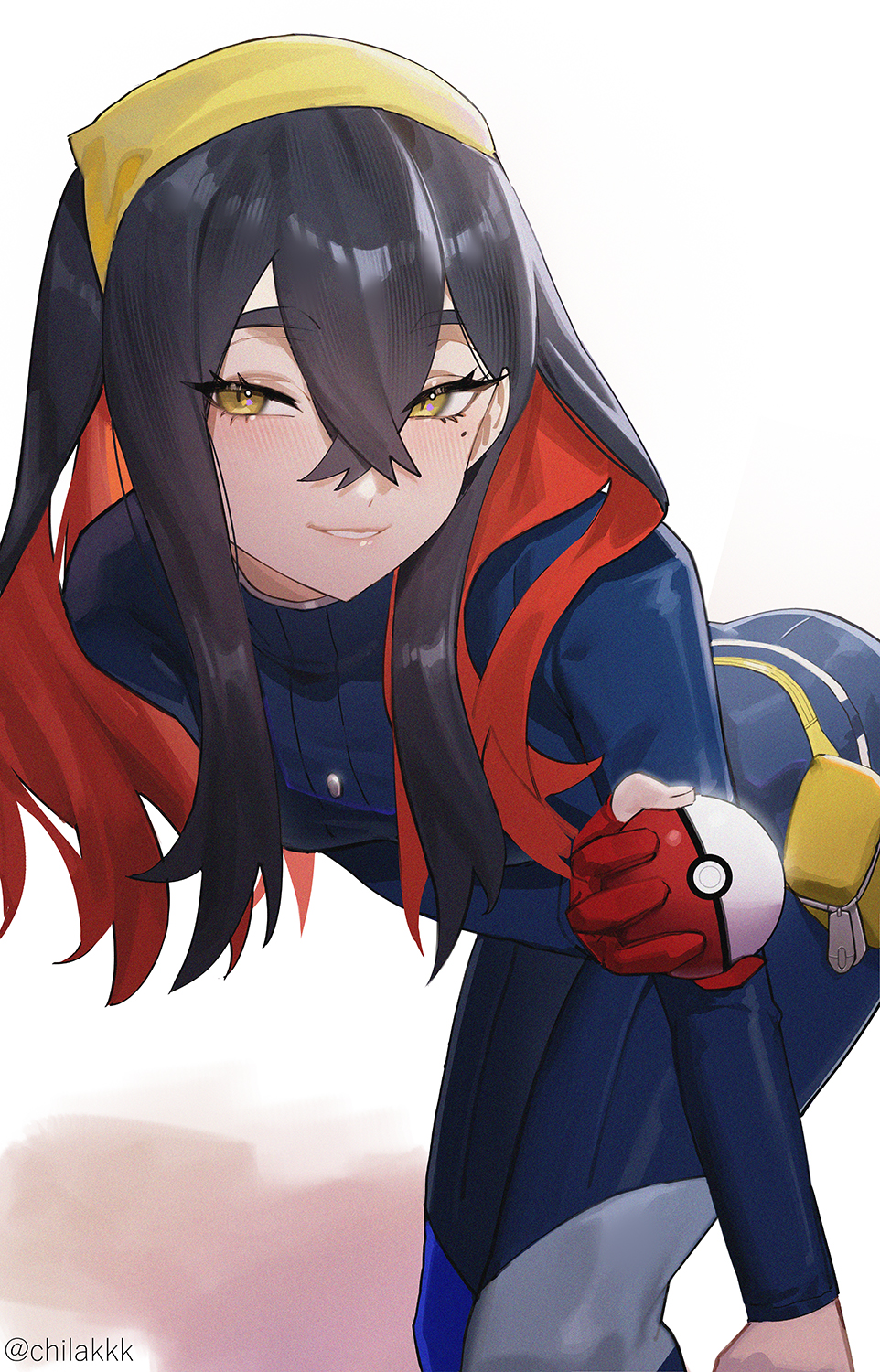 1girl arched_back bent_over black_hair blue_jacket blue_pants blush buttons carmine_(pokemon) chilakkk commentary_request crossed_bangs eyelashes fanny_pack gloves hair_between_eyes highres holding holding_poke_ball jacket long_hair long_sleeves mole mole_under_eye pants parted_lips partially_fingerless_gloves poke_ball poke_ball_(basic) pokemon pokemon_sv red_gloves single_glove smile solo yellow_bag yellow_eyes zipper_pull_tab