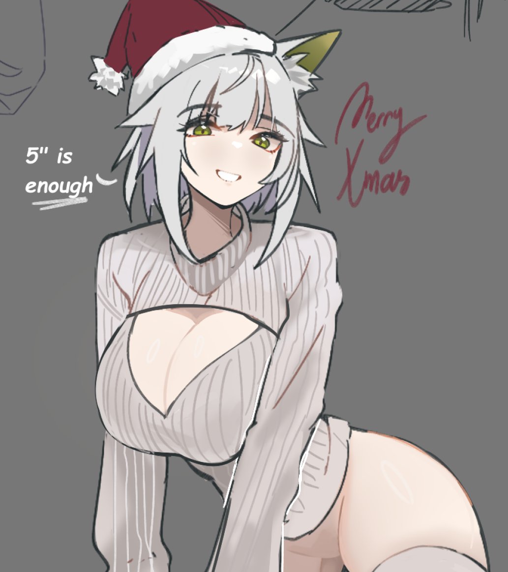 1girl alternate_costume animal_ear_fluff animal_ears arknights bottomless breasts cat_ears cat_girl cleavage cleavage_cutout clothing_cutout cowboy_shot english_commentary english_text green_eyes grey_background grey_hair grey_pantyhose grey_sweater hat kal'tsit_(arknights) large_breasts long_sleeves looking_at_viewer meme_attire merry_christmas nuggetkouhai open-chest_sweater open_mouth pantyhose ribbed_sweater santa_hat simple_background smile solo sweater teeth thighhighs