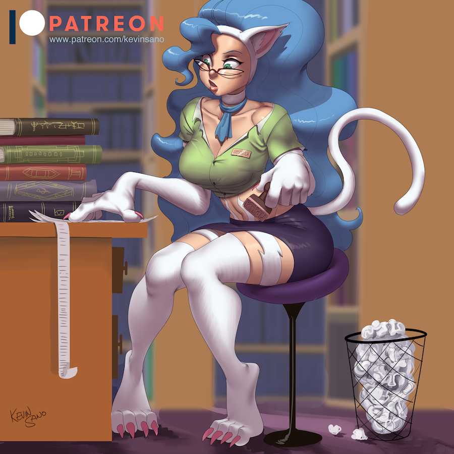 1:1 2019 animal_humanoid blue_hair blurred_background book bottomwear breasts capcom cat_humanoid claws cleavage clothed clothing darkstalkers detailed_background digital_media_(artwork) eyewear felicia_(darkstalkers) felid felid_humanoid feline feline_humanoid female glasses hair humanoid inside kevinsano library long_hair mammal mammal_humanoid paper patreon shirt shorts signature sitting solo topwear trash_can url video_games