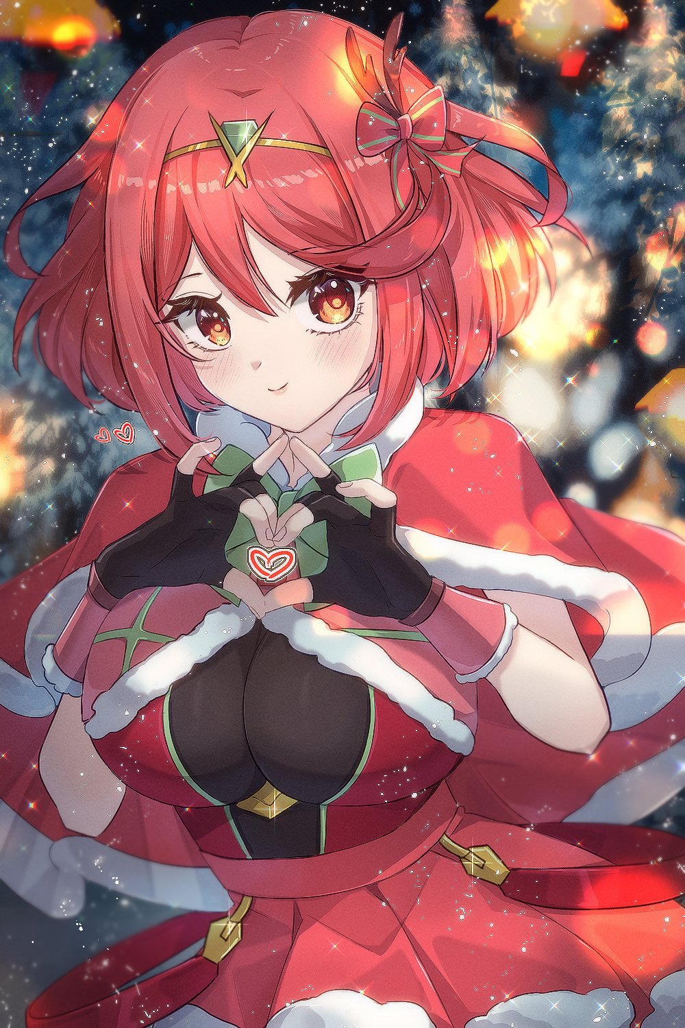 1girl adapted_costume black_gloves blurry blurry_background blush bob_cut bow bowtie breasts capelet finger_heart fingerless_gloves fur-trimmed_capelet fur-trimmed_skirt fur_trim gloves green_bow hair_bow hands_up heart highres large_breasts light_particles looking_at_viewer outdoors pine_tree pyra_(xenoblade) red_bow red_capelet red_eyes red_hair red_skirt short_hair skirt smile snowing solo swept_bangs tiara tree xenoblade_chronicles_(series) xenoblade_chronicles_2 zer00han