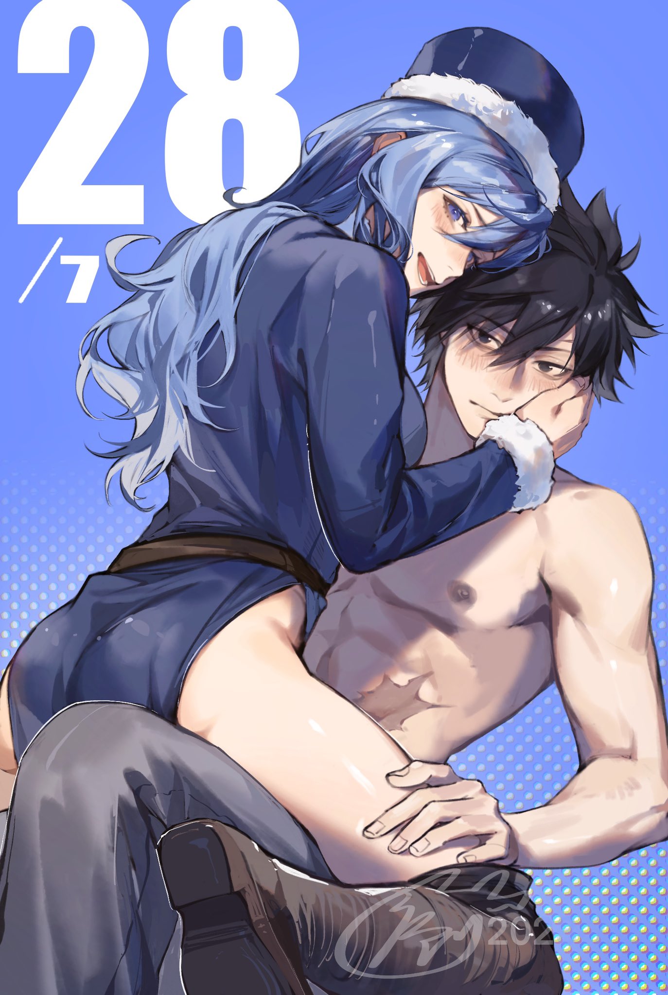 1boy 1girl bare_arms bare_pectorals bare_shoulders belt black_eyes black_hair blue_background blue_coat blue_eyes blue_headwear blush brown_belt brown_footwear coat colored_skin commentary_request dated face_grab fairy_tail fur-trimmed_headwear fur_trim gray_fullbuster grey_pants groin highres juvia_lockser jyukawa leg_grab long_hair looking_at_viewer nipples on_person open_mouth pants pectorals polka_dot polka_dot_background scar scar_on_stomach short_hair sitting sitting_on_person toned toned_male topless topless_male white_skin