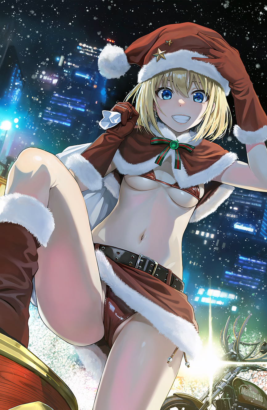 1girl 40010prototype belt bikini blonde_hair blue_eyes blush boots breasts cameltoe cape city fur_trim gloves hat highres midriff motor_vehicle motorcycle night original panties red_bikini red_gloves red_panties santa_boots santa_costume santa_gloves santa_hat smile snow snowing swimsuit teeth underboob underwear