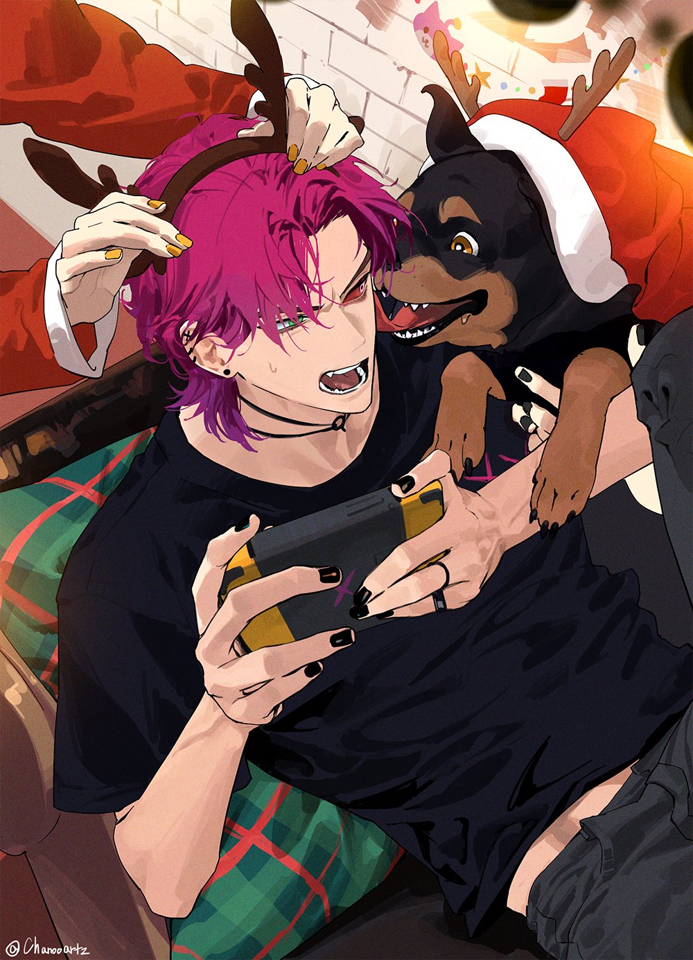 1boy 1other annoyed artist_name black_nails black_shirt chanoo_artz colored_sclera dog earrings english_commentary fingernails green_eyes heartsteel_kayn heterochromia highres indoors jewelry kayn_(league_of_legends) league_of_legends male_focus official_alternate_hairstyle open_mouth out_of_frame parted_bangs pillow purple_hair red_sclera ring shirt short_hair short_sleeves sitting solo_focus sweatdrop teeth v-shaped_eyebrows white_eyes yellow_nails