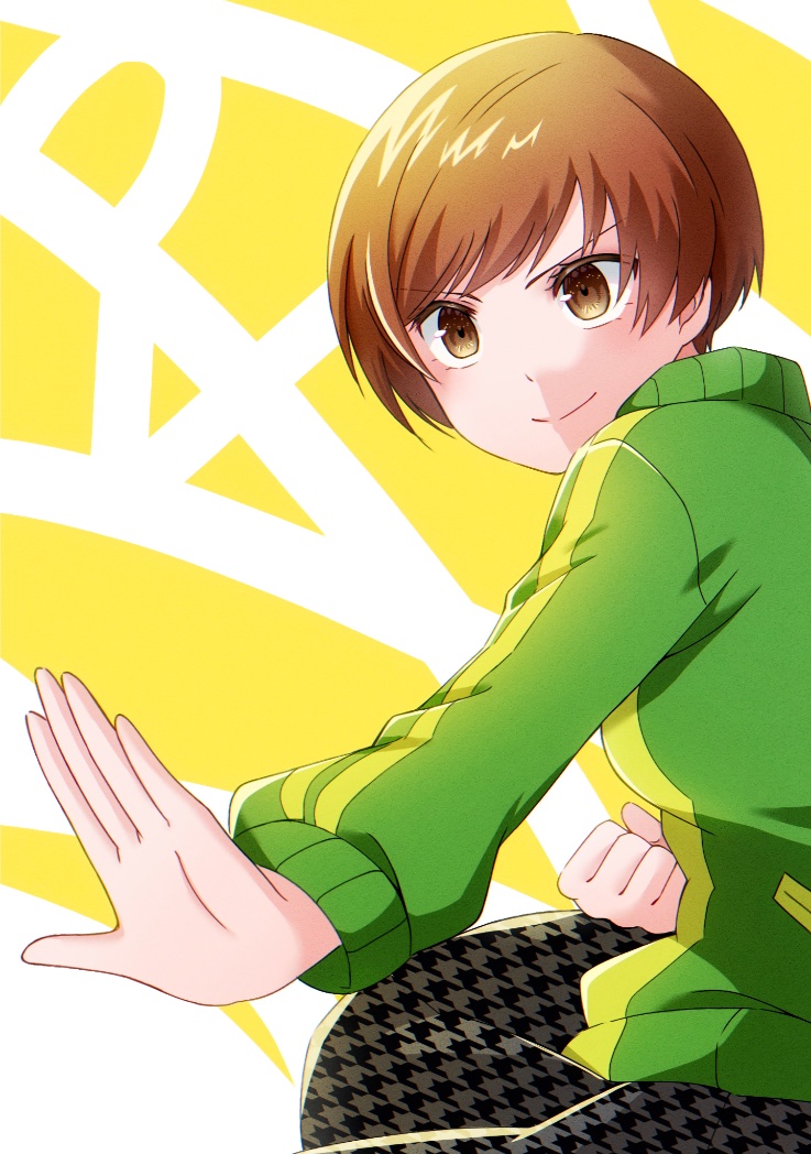 1girl black_skirt blush breasts brown_eyes brown_hair clenched_hand closed_mouth cowboy_shot eyelashes fighting_stance green_jacket grey_skirt jacket kureha_jhsh long_sleeves looking_to_the_side medium_breasts multicolored_clothes multicolored_jacket open_hand persona persona_4 satonaka_chie school_uniform shadow short_hair sidelocks skirt smile solo swept_bangs track_jacket two-tone_background two-tone_jacket two-tone_skirt white_background yasogami_school_uniform yellow_background yellow_jacket