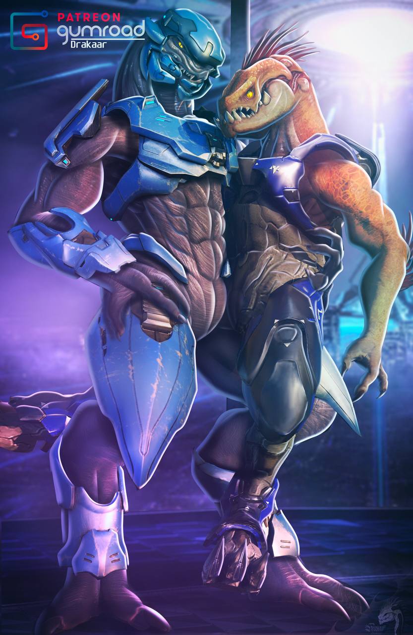 2023 2_toes 3_fingers abs alien ambiguous_gender anthro armor artist_logo artist_name barefoot biceps blue_armor digital_media_(artwork) drakaar duo featureless_crotch feet fingers grey_body grey_scales gumroad gumroad_logo hair halo_(series) hand_on_hip hi_res holding_another kig-yar logo looking_at_viewer microsoft muscular muscular_arms orange_body orange_scales patreon pseudo_hair pupils red_hair sangheili scales scalie sharp_teeth sitting_on_leg slit_pupils teeth toes unconvincing_armor xbox_game_studios yellow_eyes