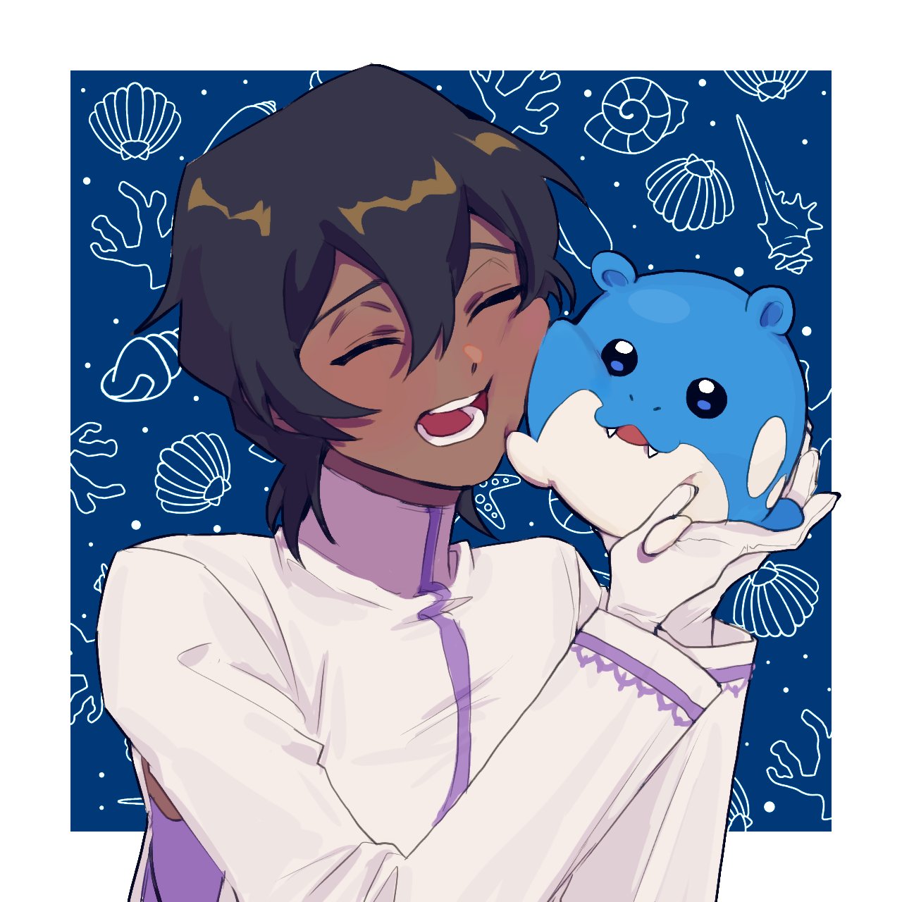 1boy arjuna_(fate) black_hair blush border cheek-to-cheek closed_eyes commentary_request coral creature crossover dark-skinned_male dark_skin fate/grand_order fate_(series) gloves hair_between_eyes happy heads_together highres holding holding_creature indian_clothes kiriti_aj korean_commentary male_focus open_mouth pokemon pokemon_(creature) portrait seashell shell shirt short_hair smile solo_focus spheal teeth white_border white_gloves white_shirt