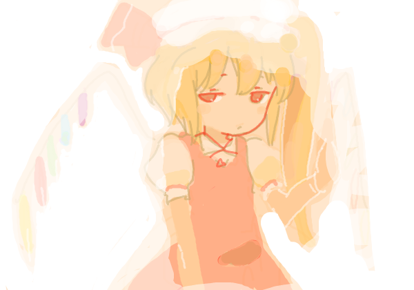 1girl :/ arm_at_side backlighting bad_drawr_id bad_id blonde_hair closed_mouth curtain_grab curtains dress flandre_scarlet half-closed_eyes hand_up hat long_hair looking_at_viewer mob_cap no_nose oekaki pinafore_dress puffy_short_sleeves puffy_sleeves red_dress see-through short_sleeves side_ponytail sleeveless sleeveless_dress solo tcmk touhou upper_body white_background white_headwear wing_collar wings