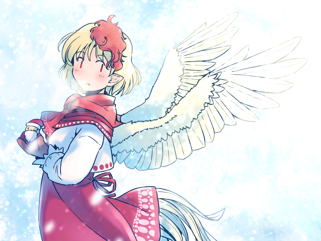 1girl animal bird bird_tail bird_wings blonde_hair blush chick dress feathered_wings from_side long_sleeves multicolored_hair niwatari_kutaka parted_lips rangycrow red_dress red_eyes red_hair shirt short_hair snowing solo tail touhou two-tone_hair white_shirt wings