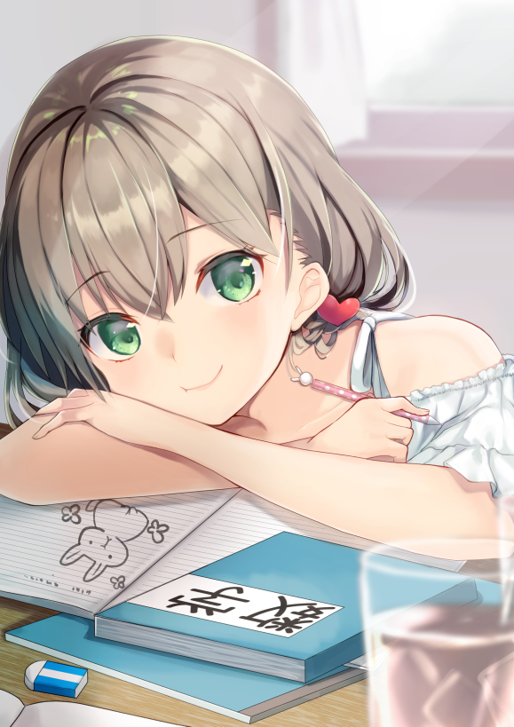 1girl :t ameshizuku_natsuki bangs bare_shoulders blurry blurry_background blurry_foreground brown_hair closed_mouth collarbone commentary_request crossed_arms cup curtains day depth_of_field drink drinking_glass eraser eyebrows_visible_through_hair green_eyes hair_between_eyes hair_ornament head_rest heart heart_hair_ornament holding holding_pen ice ice_cube indoors off-shoulder_shirt off_shoulder original pen shirt smile solo white_shirt window