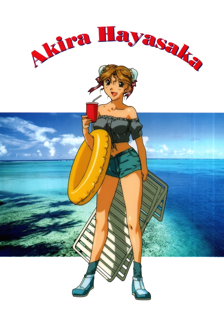 1990s_(style) 1girl bare_shoulders beach_chair brown_eyes brown_hair bun_cover casual character_name cup day double_bun drinking_straw full_body hair_bun hayasaka_akira highres holding holding_chair holding_cup holding_innertube innertube looking_at_viewer midriff navel non-web_source ocean official_art open_mouth outdoors photo_background photoshop_(medium) retro_artstyle short_hair short_shorts short_sleeves shorts solo standing strapless super_real_mahjong tanaka_ryou water