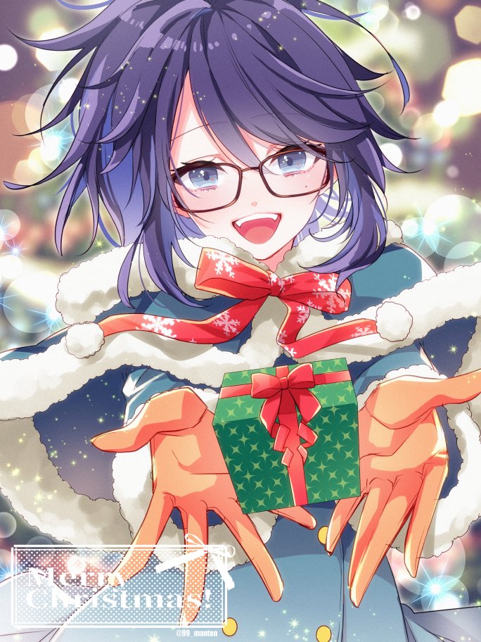 1girl black-framed_eyewear black_hair blue_capelet blue_dress blue_eyes blue_hair blush capelet dress fur-trimmed_capelet fur-trimmed_dress fur_trim gift holding holding_gift kson looking_at_viewer merry_christmas mole mole_under_eye n_gyou open_mouth outstretched_arms smile solo teeth upper_teeth_only virtual_youtuber vshojo