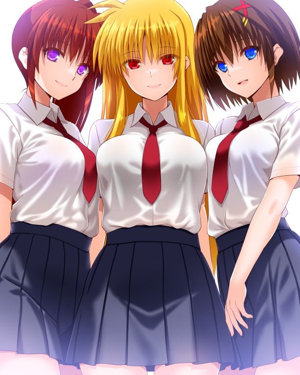 3girls blonde_hair blue_eyes blush breasts brown_hair closed_mouth engo_(aquawatery) fate_testarossa hair_ornament large_breasts long_hair looking_at_viewer lyrical_nanoha mahou_shoujo_lyrical_nanoha_strikers miniskirt multiple_girls necktie open_mouth pleated_skirt purple_eyes red_eyes red_necktie school_uniform simple_background skirt smile takamachi_nanoha white_background x_hair_ornament yagami_hayate