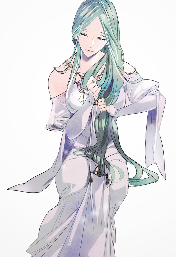 1girl bare_shoulders breasts closed_eyes collarbone dress fire_emblem fire_emblem:_three_houses grabbing_own_hair green_hair large_breasts long_hair rhea_(fire_emblem) sitting solo tsukimura_noe very_long_hair white_background white_dress