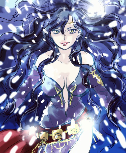 1girl bare_shoulders black_dress black_hair blizzard breasts circlet cleavage collarbone cowboy_shot detached_sleeves dress fire_emblem fire_emblem:_the_blazing_blade gold_trim jewelry large_breasts lipstick long_hair looking_at_viewer magic makeup mature_female plunging_neckline red_lips red_sash sash side_slit sketch smile solo sonia_(fire_emblem) thighs usachu_now yellow_eyes
